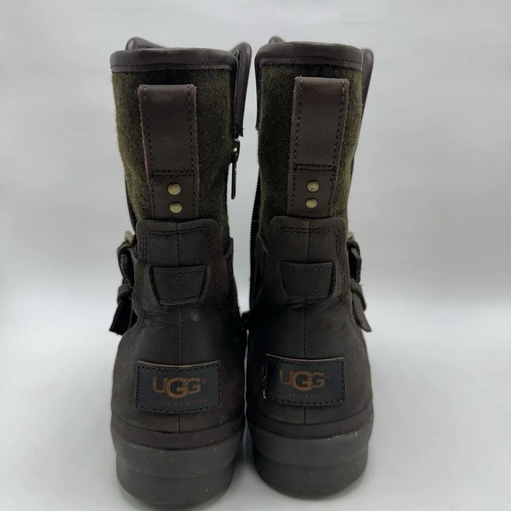 UGG Simmens Waterproof Leather Wool Moto Boots Brown Green Plaid Size 6.5-7